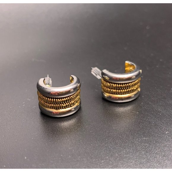 Two Tone Hoop Earrings Lot Silver Gold Color Mixed Metal Pierced - Picture 4 of 9